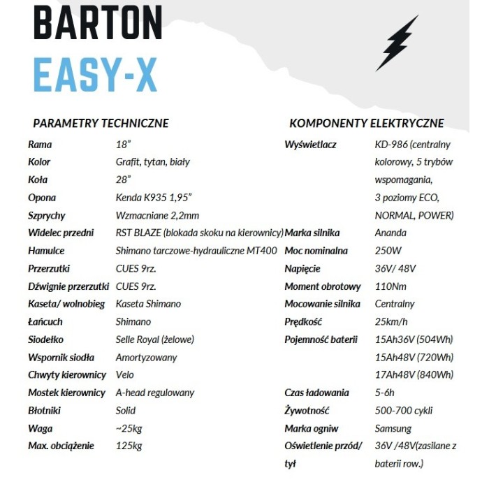 Rower elektryczny Barton Easy-X Biały 18` 48V15Ah (720Wh)