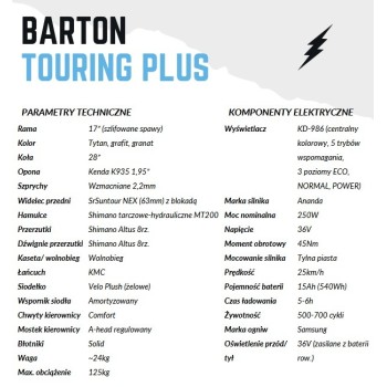Rower elektryczny Barton Touring Plus 28" Granat
